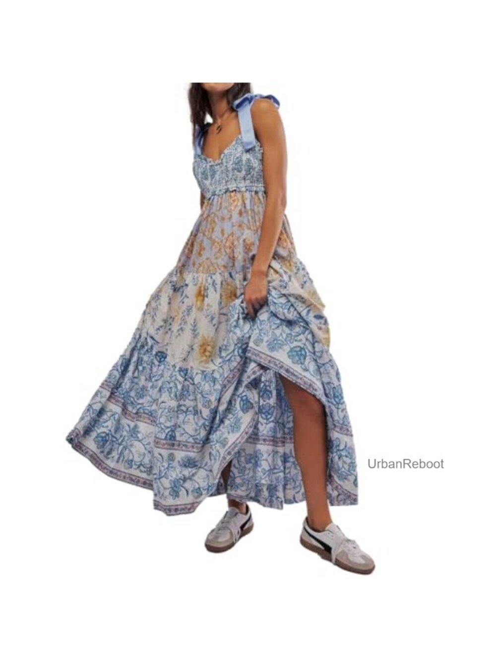 Boho Floral Maxi Dress Pockets Smocked V-Neck Sleeveless Summer Casual